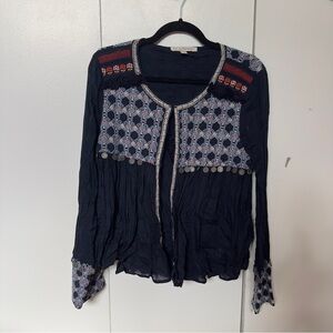 Zara Boho Embroidered Blouse with Coin Detail | Black Sheer Folk Top